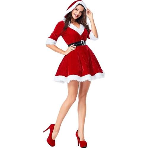 2018 New Christmas Costume For Adult Women Hooded Christmas Dress Sexy V Neck Red Fancy Dress Tutu Mesh Christmas Clothes