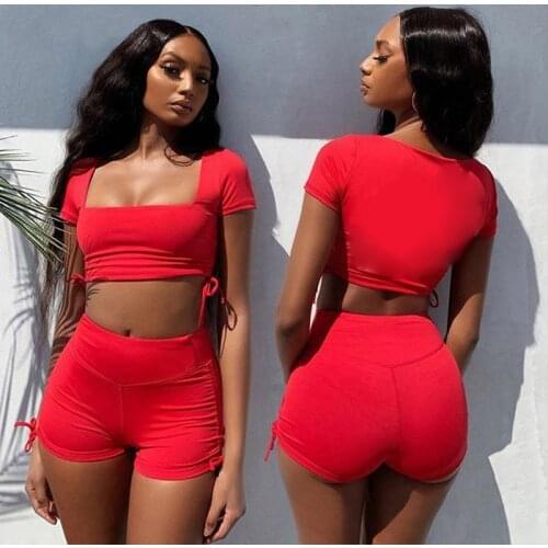 New Women Patchwork Solid Set Fitness Sports Suits Gym Clothing Push Up 2 Pieces Shirt+Gym Short Drawstring Tracksuit