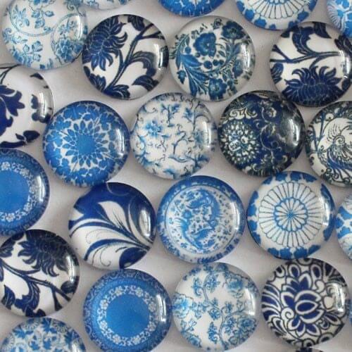 25mm Random Mixed Blue and white Porcelain Round Glass Cabochon Flatback Photo Base Tray Blank DIY Making Accessories 10pcs