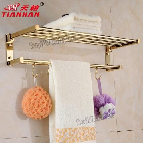 Bathroom All Copper Gold Movable Folding Towel Rack Double European Bathroom Towel Rack Towel Bar
