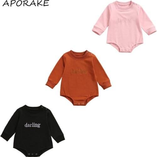2021 0-18M Newborn Boys Girls Casual Playsuit DARLING Letter Embroidery Pattern Long Sleeve Round Neck Romper Fall Cotton Outfit