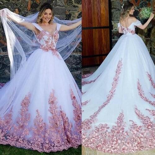 Romantic Tulle Off-the-shoulder Neckline White Ball Gown Wedding Dresses With Pink Lace Appliques Bridal Gowns