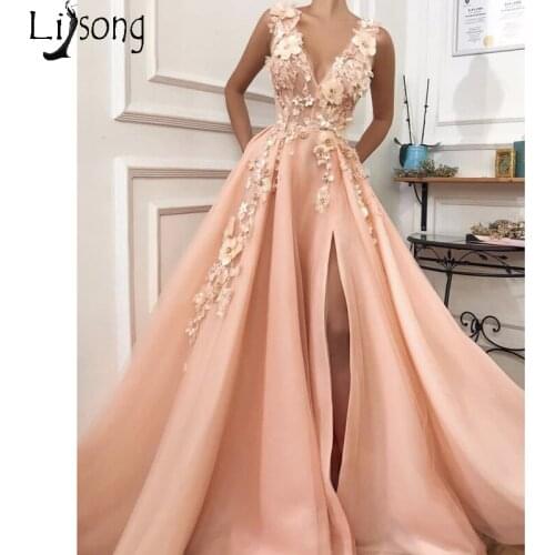 Sexy Plunging V Neck High Split Prom Dress Elegant Peach Appliques Long Evening Dress Abendkleider Chic Party Gown Zipper Back