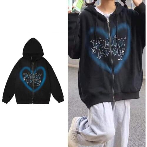 Hoodies Jacket 2021 Anime Love Print Coat Autumn Harajuku Oversized Couple Zipper Y2k Hooded Sweatshirt Pullover Vintage Clothes