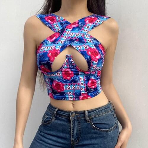 Hollow Out Crop Top Woman Print Corset Top Camis Night Club Cross Halter Sleeveless Backless Vintage Summer 2021 Tank Tops