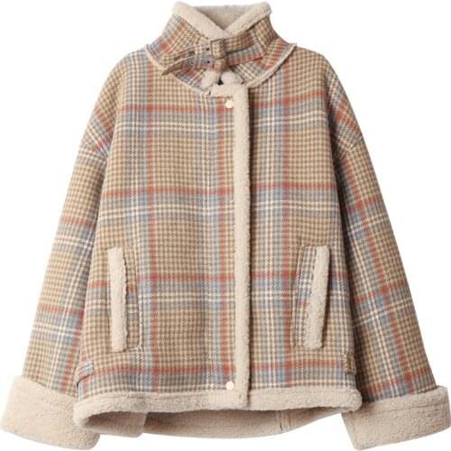 Plaid Lambwool Jacket Women Autumn Winter Thicken Korean Streetwear Loose Casual Jackets Woolen Plus Velvet Coat Female 2021 New