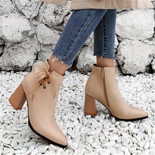 Black Ankle Boots for Women Chunky Boots High Heel Autumn Winter Pointed Toe Booties Woman Fashion Zipper beige Black Boots 2019