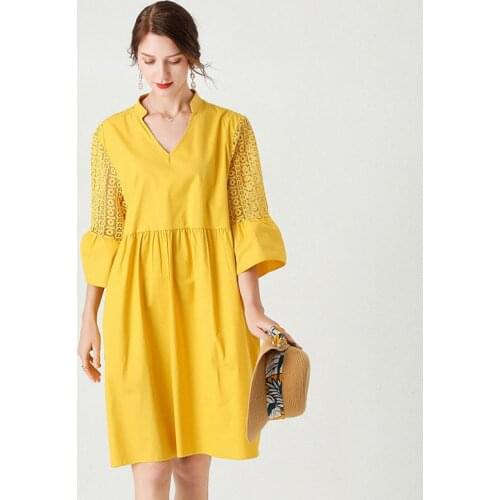 Women large dress 2021 summer new fashion dress large size womens mid-length lace stitching fashion V-neck short sleeve dress