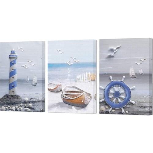 ArtBones Coastal Wall Art Ocean Lighthouse Sailboat Painting Bathroom Decor Picture Canvas Prints Stretched Framed Artwork
