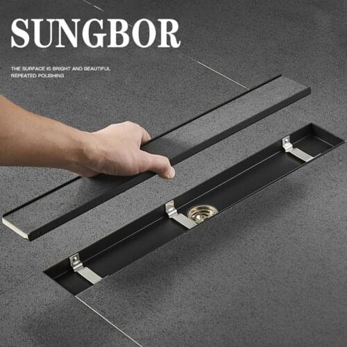 Black long strip floor drain shower room large displacement bathroom rectangular lengthened deodorant invisible stainless steel