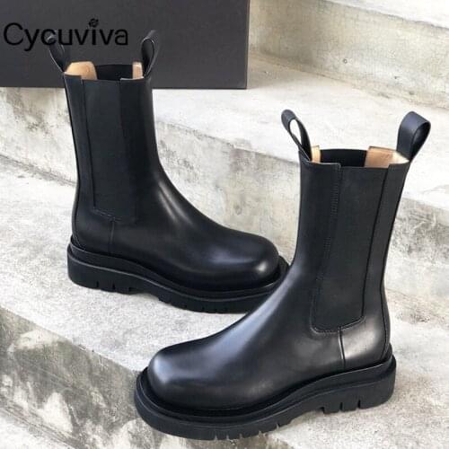 Black Genuine Leather Chelsea Boots Women Platform Brand Shoes Women Thick Sole Mid-calf Boots Round Toe Flat Knight Boots
