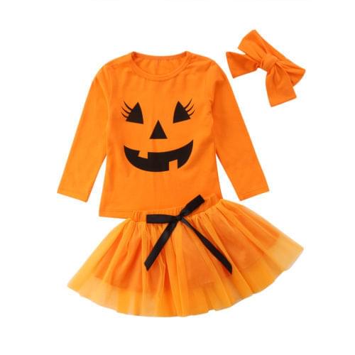 Baby Long Sleeve Smiling Pumpkin T Shirt Tops + Orange Tulle Skirts + Bowknot Headband 3PCS Outfits Halloween Clothes Set