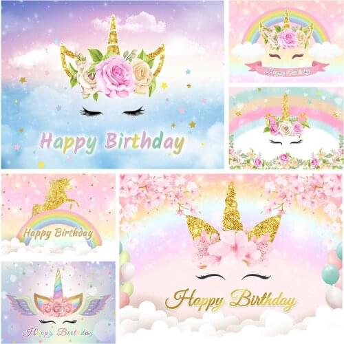 Unicorn Birthday Banner Glitter Rainbow Photography Backdrops Customized Name Photographic Backgrounds for Baby Children Party
