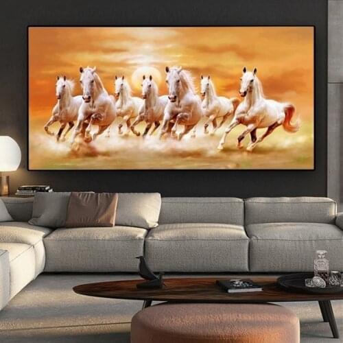 Seven Running White Horse Animals Painting Wall Art for Living Room Home Decor (No Frame)