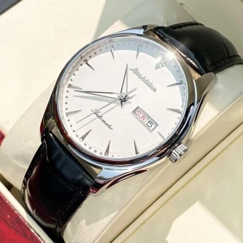 JSDUN Mens Wrist Watch Manual Mechanical Watch Sapphire Glass Simple Mens Business Leather Strap Waterproof Watch 8843