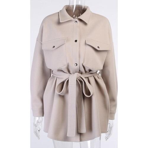 NEWDISCVRY Autumn Winter Womens Vintage Woolen Coat Chic Sashes Long Sleeve Elegant Shirt Jacket Female Tops Casual Overcoat