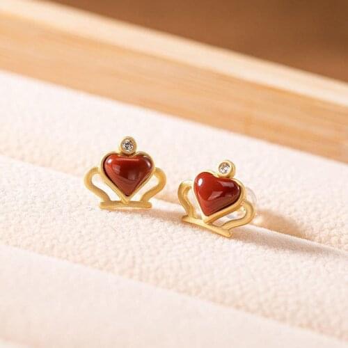 Original S925 Sterling Silver Southern Red Agate Personalized Heart-Shaped Retro Crown Womens Fashion Popular Temperament Ear S