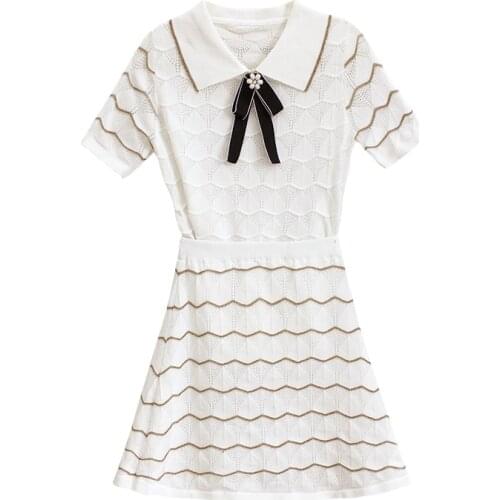 PERHAPS U Women Turn Down Collar Two Pieces Set Short Sleeve Mini Elastic Waist Skirt Knitted Bow Black White T0216