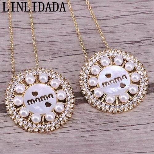 3Pcs mother day gift jewelry Round Shape CZ Micro Paved Letter Mama Shell Pendant Fashion Gold Filled Necklaces
