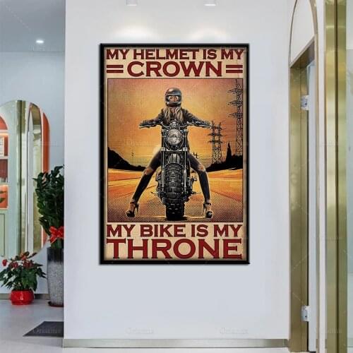 Motorcycle Racer Ride Biker Girl Poster My Helmet Is My Crown My Bike Is My Throne Wall Art Canvas Poster Home Living Poster