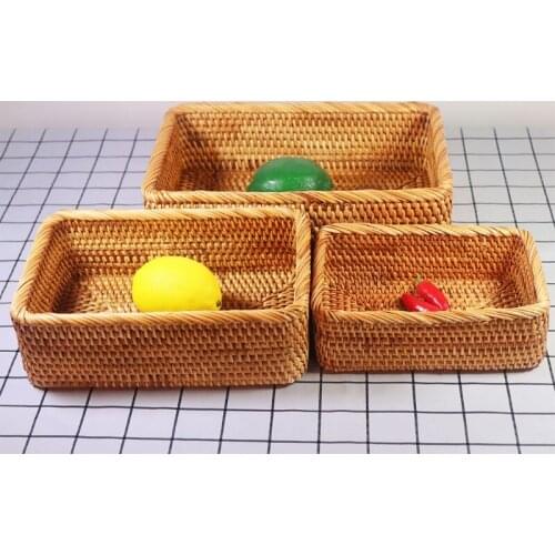 Rectangular Hand-woven Basket Rattan Candy Storage Picnic Tray Food Bread Dishes F19B