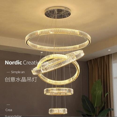 Modern Luxury Crystal Led Pendant Lamp Villa Stair Led Dimmable Steel Pendant Lamp Foyer Led DropLight Suspend Lamparas Fixtures