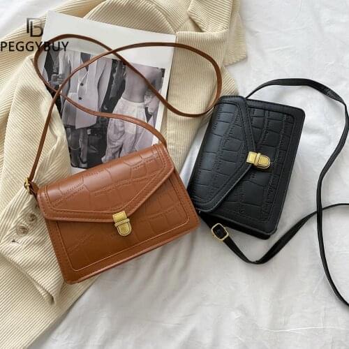 Solid Color PU Crossbody Bags Women Retro Shoulder Bag Female Travel Lock Handbags Stone Pattern Adjustable Square Messenger Bag