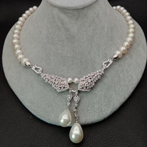 YYGEM Classice Wedding Cubic Zirconia micro pave Connector 20" Cultured White round freshwater Pearl choker Necklace