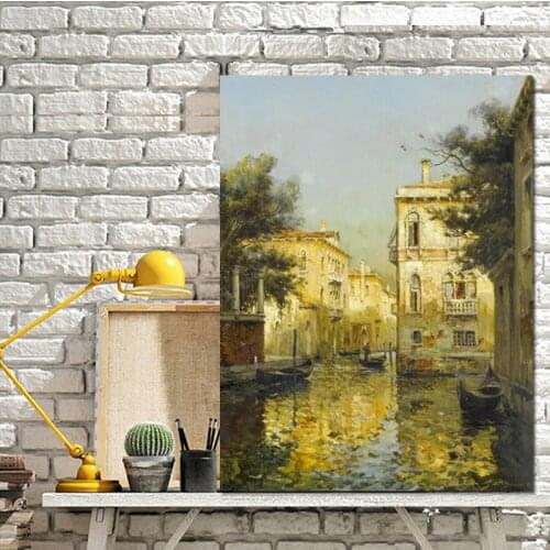 Print Vintage Water Town Venice Landscape Oil Painting on Canvas Poster Modern Wall Art Pictures for Living Room Cuadros Decor