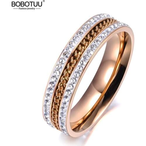 BOBOTUU Rose Gold Micro Pave Rhinestone Anniversary Rings Jewelry 316L Stainless Steel Chain Engagement Ring For Women BR19004