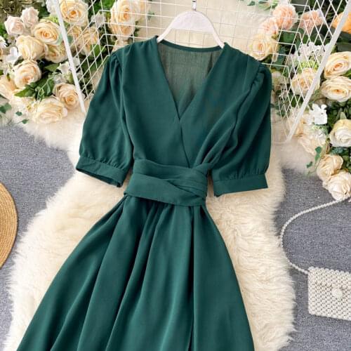 French Style Women Dresses 2021 New Solid Temperament Puff Sleeve Vestidos Sashes Irregular Split Ruffles Female Dress Vestidos