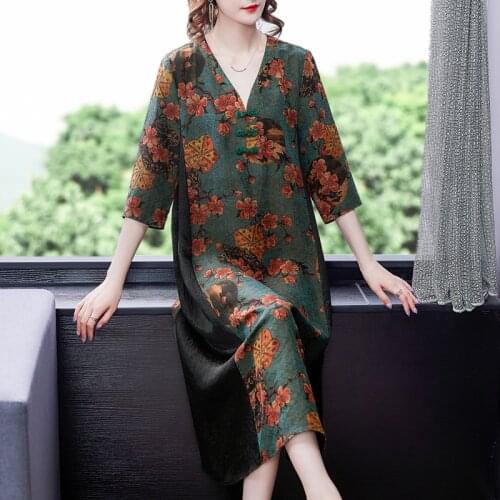 2021 Elegant Vintage Green Floral Mulberry Silk Midi Dress Summer Casual 4XL Plus Size Print Dress Women Bodycon Party Vestidos