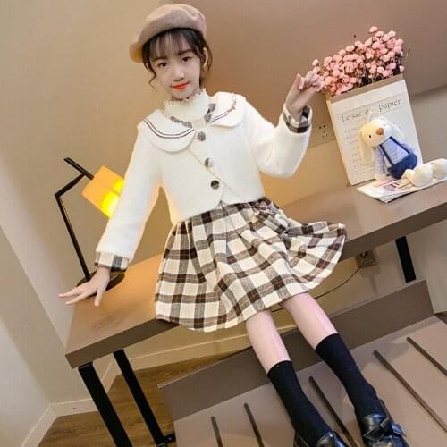 Girls winter new dress suit Girls Plaid Vest dress Jacket Set Girl simple fashion dress suit Girls quilted jacket dress suit