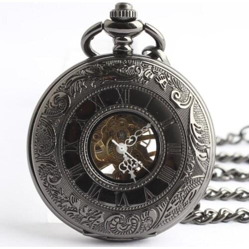 10pcs/lot Vintage Carved Black Skeleton Mechanical Pocket Watch Roman Dial Men Gift Pocket Watches