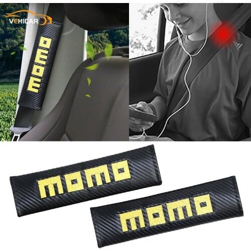 VEHICAR 2PCS Carbon Fibe Car Safety Belt Cover Momo Car Logo Knitting Shoulder Protector Car Seat Belt Pads Accessories