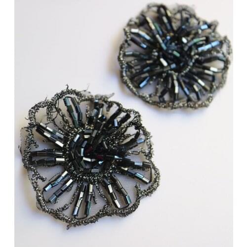 2pcs/lot black flower beaded appliques patches for clothing DIY sew on rhinestone patch Embroidery parches bordados para ropa