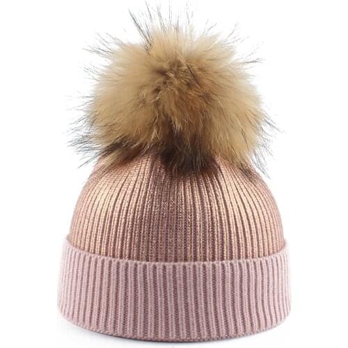 2020 New Metallic Print Beanies For Women Girls Winter Real Fur Pompom Hats Warm Wool Knitted Beanie Hat Casual Pompon Cap