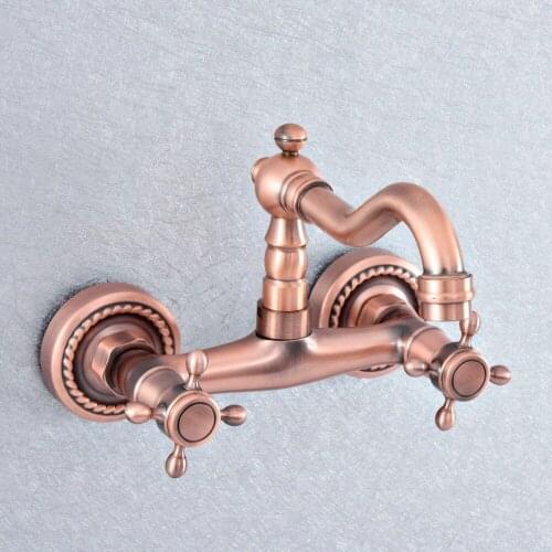 Antique Red Copper Brass Wall Mounted Dual Handle Bathroom Kitchen Sink Faucet 360 Rotate Swivel Basin Mixer Tap Bathtub Faucet