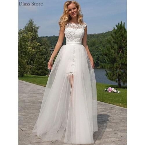 White Prom Dresses 2021 New Simple Lace Detachable Train Short Inside Sleeveless O-neck Elegant Evening Dress коктейльные платья