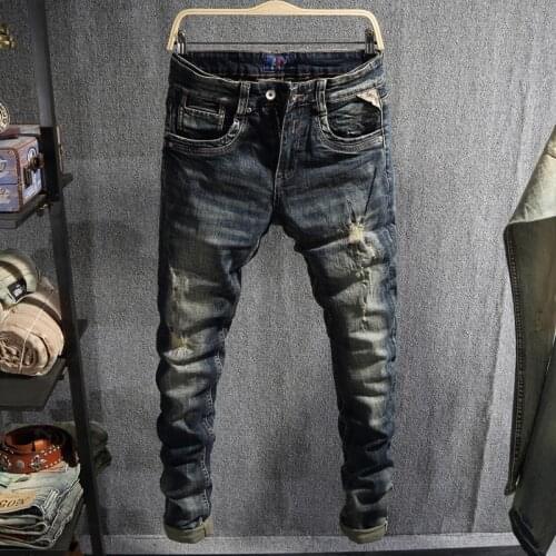 European Vintage Fashion Men Jeans Retro Black Blue Elastic Slim Fit Ripped Jeans Men Distressed Designer Casual Denim Pants
