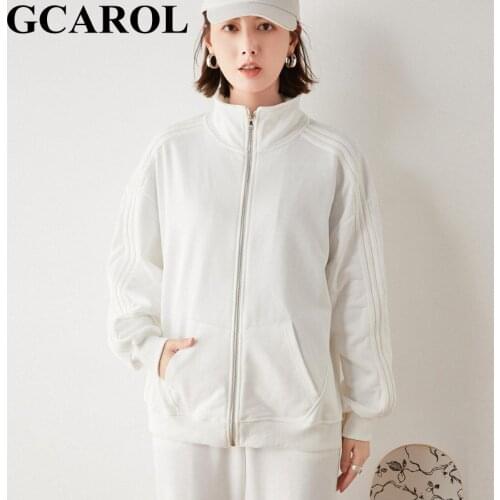 GCAROL Women Stand Collar Zip UP Sweatshirt Striped Sleeves Drop Shoulder Cotton Sports Coats Oversized Autumn Winter Jacket