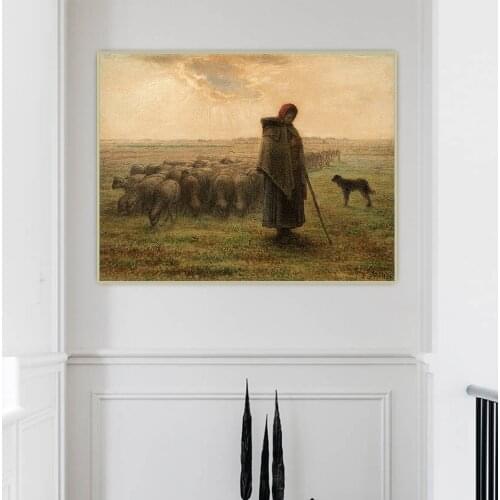 Citon Jean Francois Millet《Shepherdess and her flock》Canvas Art Oil Painting Artwork Picture Wall Decor Backdrop Home Decoration