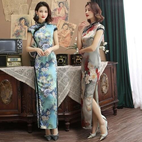 Chinese Women Dress Cheongsam Qipao Sexy Long Dresses Evening Party Lace Cheongsam Silk Bodycon Dress Ladies Retro Plus Size