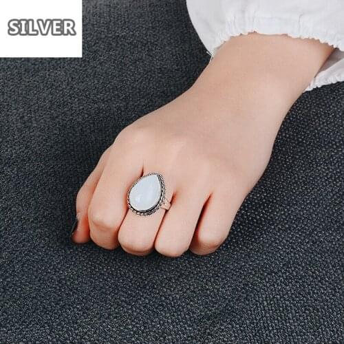 925 Anillos Silver Retro Fashion Milky White Moonstone Ring Shaped Zircon Jewelry Wholesale Lots Bulk Chanukah Wholesale