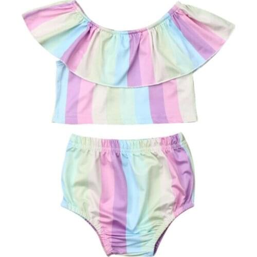 Newborn Infant Baby Girl Kid Rainbow Clothing Set Sleeveless Ruffle Striped Top T-shirt+Shorts Pants Brief 2Pcs Summer Outfits