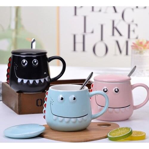 Creative Ceramic Cute Dinosaur Coffee Mug with Lid and Spoon Cartoon Porcelain Breakfast Milk Juice Office Teacup Drinkware