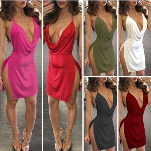 Summer Solid Color Backless Halter Dress Side Open Deep V-neck Sexy Dress Women Temperament Sleeveless Mini Dress