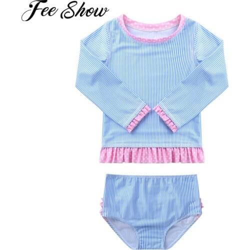 Summer Baby Girls Brazilian Swimsuit Bikinis Set Long Sleeve Rashguard with Ruffle Bikini Panties 2 Piece Suits Beach Swimwear