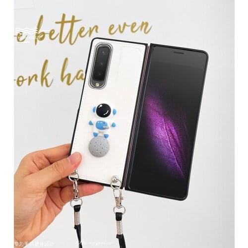 Fashion Cute Cartoon Astronaut Moon Lanyard Case For Samsung Galaxy Z FOLD 2 Z FOLD3 5G Crossbody PU Leather Shockproof Cover