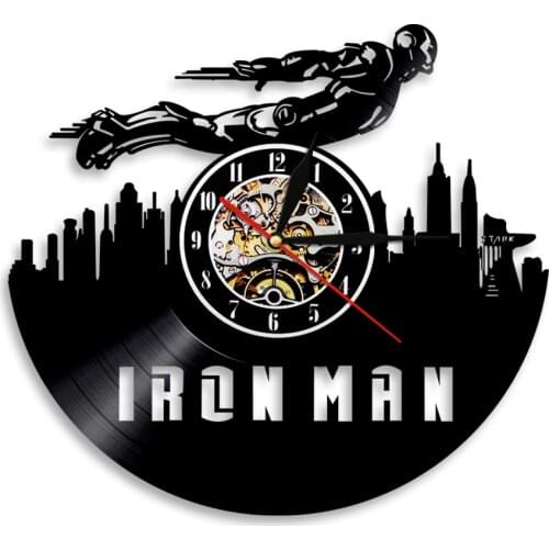 Tony Stark Super Hero Vinyl CD Disc Wall Clock Avenger Vintage Vinyl Album Record Clock Comics Art Decor Silent Watch Kids Gift